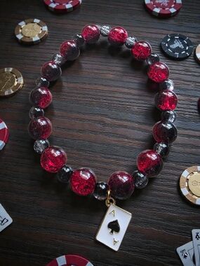 Red and Black Crackle Bead Bracelet with Ace of Spades Charm